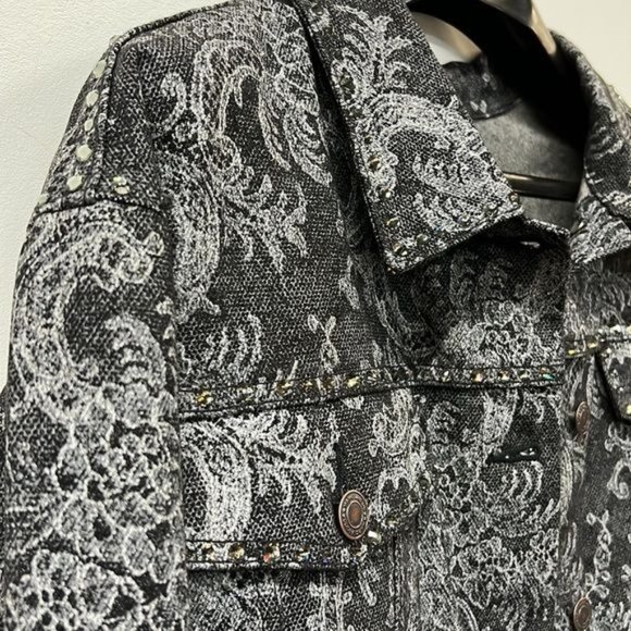 Marc Jacobs Crystal Rhinestone bead Embellished Denim Jacket size S black white - Picture 8 of 11
